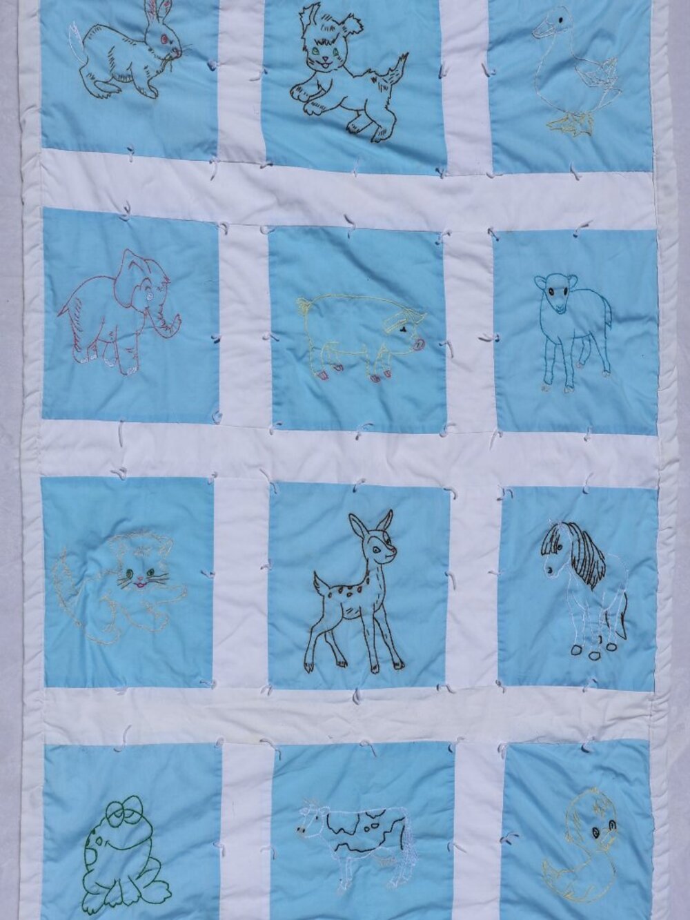 Vintage Handmade Embroidered Nursery Animals Baby Quilt Blue White Crib Blanket
